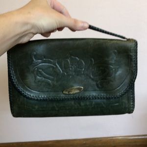 BOGO Vintage Green Leather Embossed Clutch and Matching Wallet, Embossed Leather